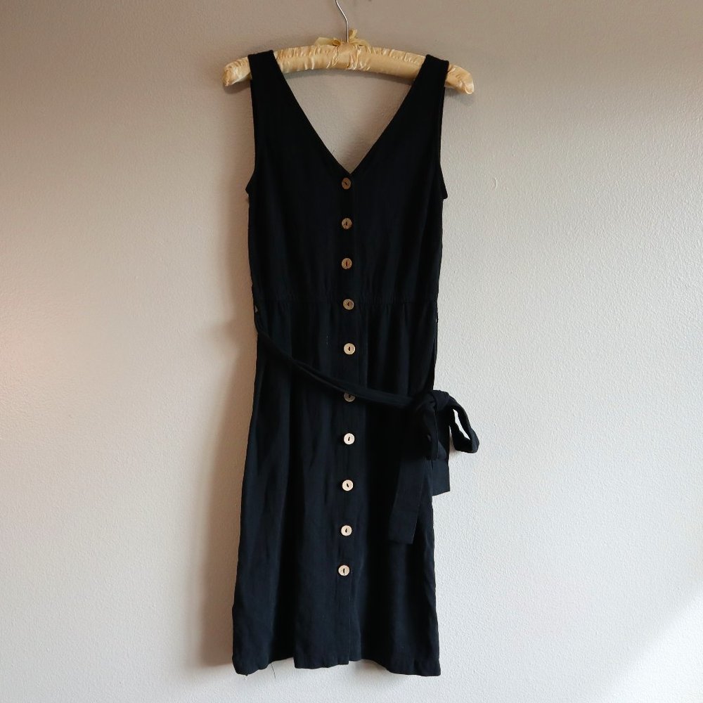 Universal Thread Black Linen Blend V-Neck Button Down Midi Length Dress Size XS